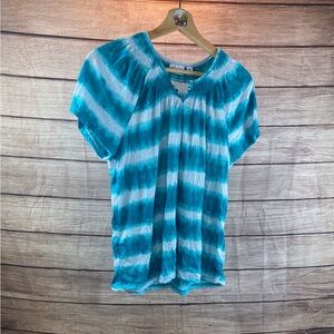 Kim Rogers Teal and White Tie-Dye Short Sleeve Blouse